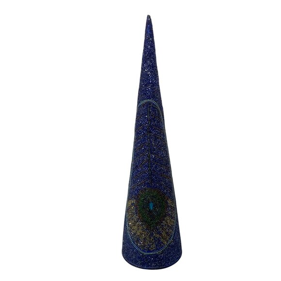 Large Blue Christmas Tree Cone With Beaded Peacock Feather Design 18" - Picture 1 of 9